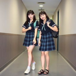 A young beautiful sexy Japanese woman wearing matching dark school uniforms with plaid skirts, standing side by side with confident expressions