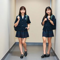 A young beautiful sexy Japanese woman wearing matching dark school uniforms with plaid skirts, standing side by side with confident expressions