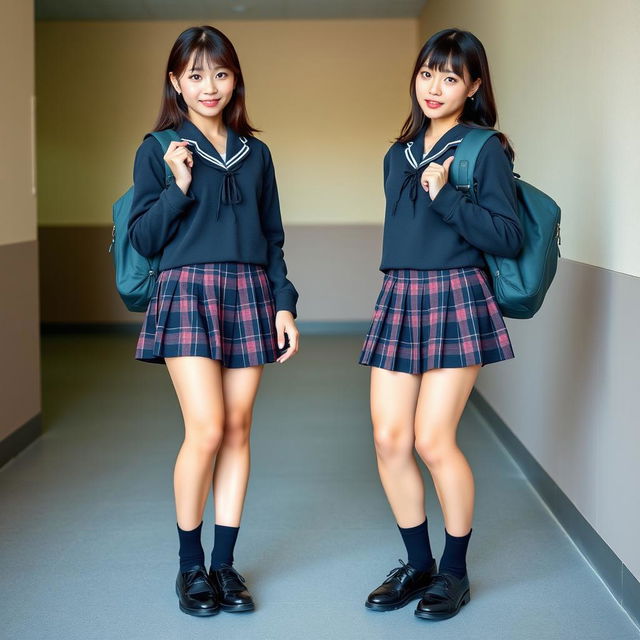 A young beautiful sexy Japanese woman wearing matching dark school uniforms with plaid skirts, standing side by side with confident expressions