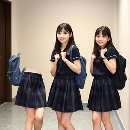 A young beautiful sexy Japanese woman wearing matching dark school uniforms with plaid skirts, standing side by side with confident expressions