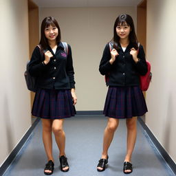 Two young beautiful Japanese women wearing matching dark school uniforms with plaid skirts, standing side by side with confident expressions