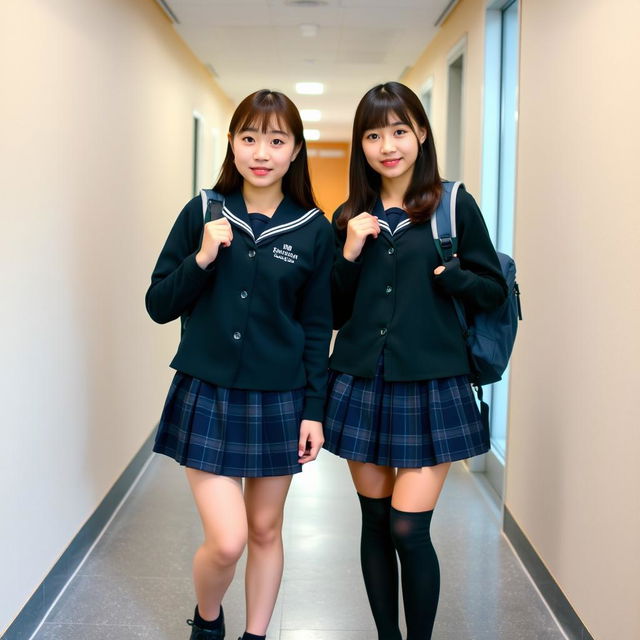 Two young beautiful Japanese women wearing matching dark school uniforms with plaid skirts, standing side by side with confident expressions