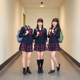 Two young beautiful Japanese women wearing matching dark school uniforms with plaid skirts, standing side by side with confident expressions