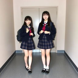 Two young beautiful Japanese women wearing matching dark school uniforms with plaid skirts, standing side by side with confident expressions