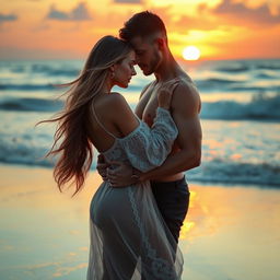 A sensual and intimate scene of a couple embracing on a secluded beach during sunset, with waves softly crashing in the background