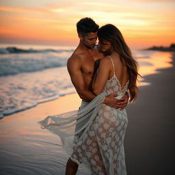 A sensual and intimate scene of a couple embracing on a secluded beach during sunset, with waves softly crashing in the background