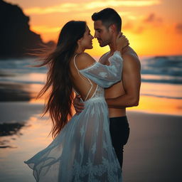 A sensual and intimate scene of a couple embracing on a secluded beach during sunset, with waves softly crashing in the background