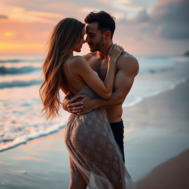 A sensual and intimate scene of a couple embracing on a secluded beach during sunset, with waves softly crashing in the background