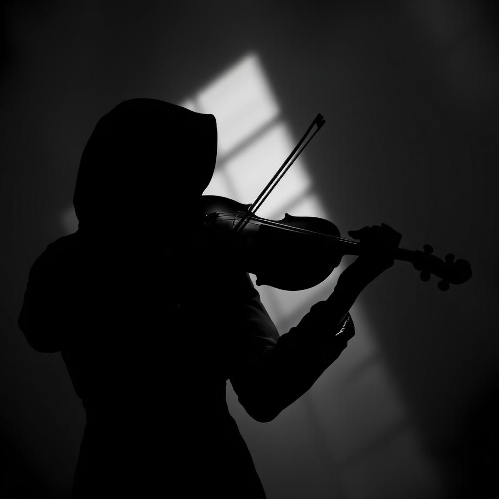A black and white image of a petite Muslim woman playing the violin, her face obscured in shadow