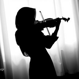 A black and white image of a petite Muslim woman playing the violin, her face obscured in shadow
