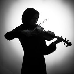 A black and white image of a petite Muslim woman playing the violin, her face obscured in shadow