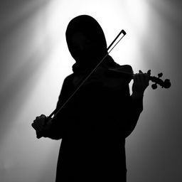 A black and white image of a petite Muslim woman playing the violin, her face obscured in shadow