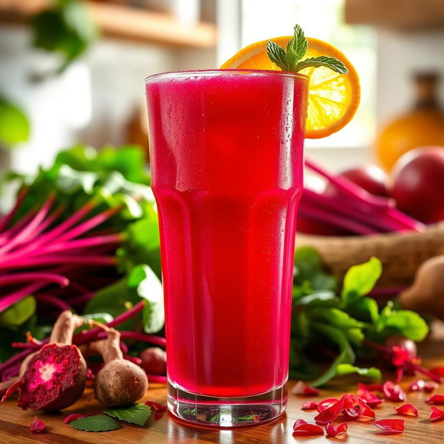 A vibrant and refreshing glass of amaranth juice, showcasing its rich red-purple color, glistening with droplets of condensation