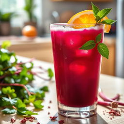 A vibrant and refreshing glass of amaranth juice, showcasing its rich red-purple color, glistening with droplets of condensation