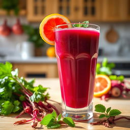 A vibrant and refreshing glass of amaranth juice, showcasing its rich red-purple color, glistening with droplets of condensation