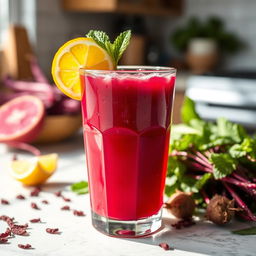 A vibrant and refreshing glass of amaranth juice, showcasing its rich red-purple color, glistening with droplets of condensation