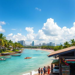 A beautiful scenic view of Batam, Indonesia featuring iconic tourist attractions such as a stunning beach with crystal-clear water, lush palm trees swaying in the breeze, modern shopping malls, and the vibrant skyline of the city in the background