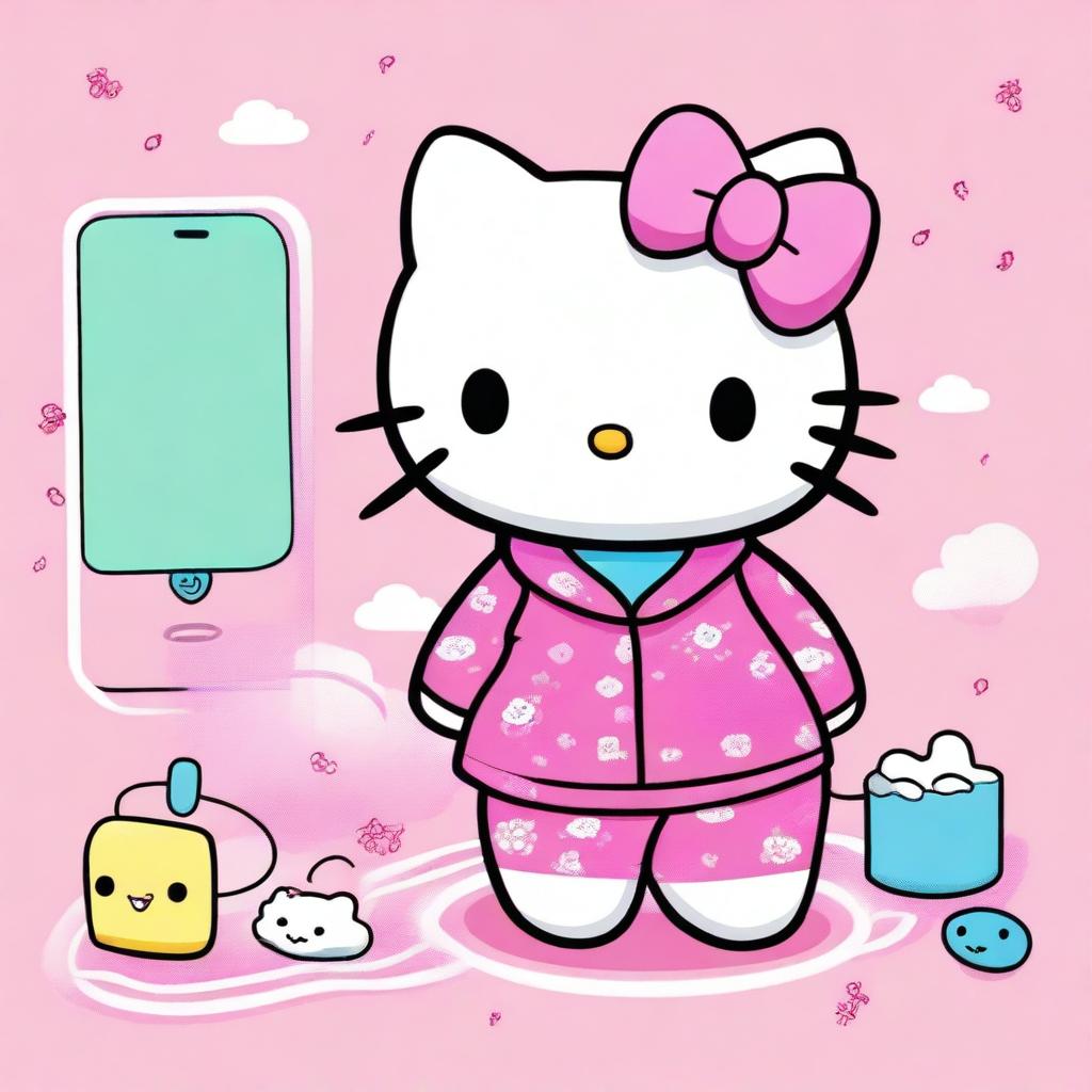 A high-quality digital art image presents Hello Kitty in a delightful scene