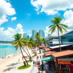 A beautiful scenic view of Batam, Indonesia featuring iconic tourist attractions such as a stunning beach with crystal-clear water, lush palm trees swaying in the breeze, modern shopping malls, and the vibrant skyline of the city in the background