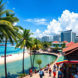A beautiful scenic view of Batam, Indonesia featuring iconic tourist attractions such as a stunning beach with crystal-clear water, lush palm trees swaying in the breeze, modern shopping malls, and the vibrant skyline of the city in the background