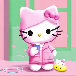 A high-quality digital art image presents Hello Kitty in a delightful scene