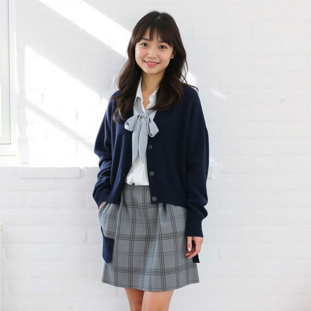 A young beautiful Japanese woman standing in a relaxed pose against a white brick wall