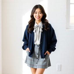 A young beautiful Japanese woman standing in a relaxed pose against a white brick wall