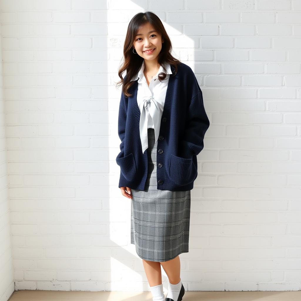 A young beautiful Japanese woman standing in a relaxed pose against a white brick wall