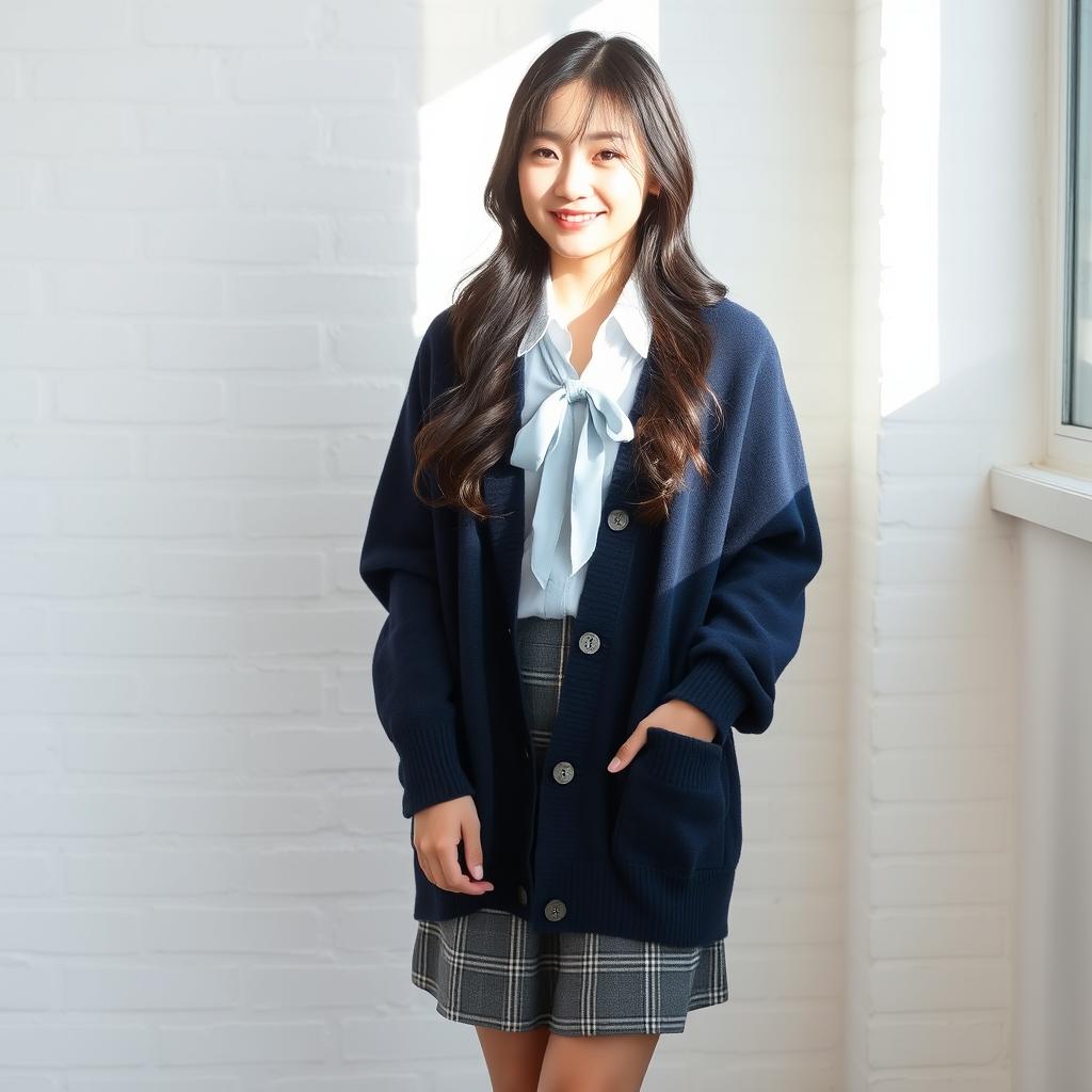 A young beautiful sexy Japanese woman standing in a relaxed pose against a white brick wall