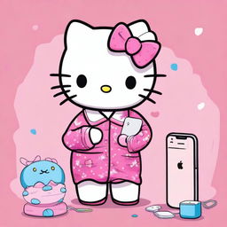 A high-quality digital art image presents Hello Kitty in a delightful scene