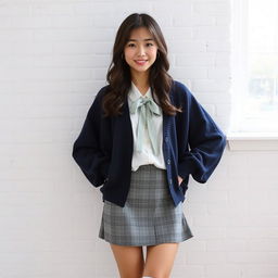 A young beautiful sexy Japanese woman standing in a relaxed pose against a white brick wall