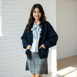 A young beautiful sexy Japanese woman standing in a relaxed pose against a white brick wall