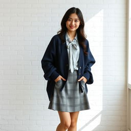 A young beautiful sexy Japanese woman standing in a relaxed pose against a white brick wall