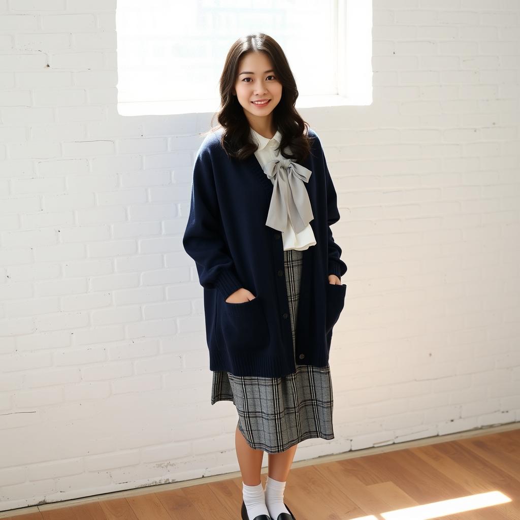 A young beautiful Japanese woman standing in a relaxed pose against a white brick wall