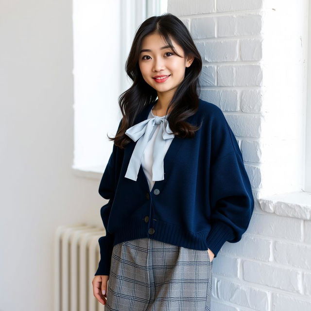 A young beautiful Japanese woman standing in a relaxed pose against a white brick wall