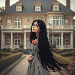 A heartbroken girl with long black hair, holding a delicate rose in her hand, standing in front of her large, beautiful house