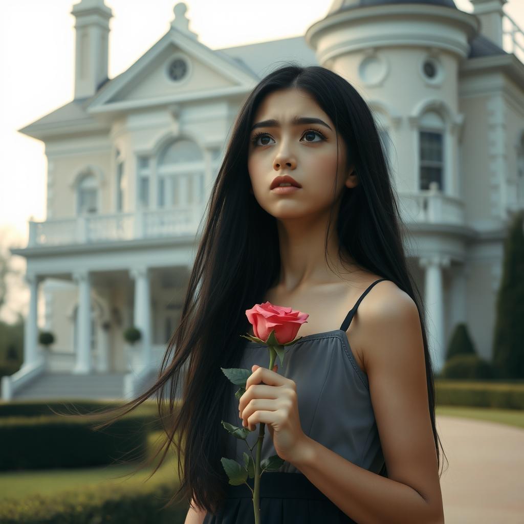 A heartbroken girl with long black hair, holding a delicate rose in her hand, standing in front of her large, beautiful house