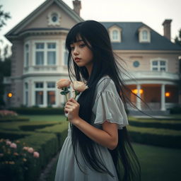 A heartbroken girl with long black hair, holding a delicate rose in her hand, standing in front of her large, beautiful house