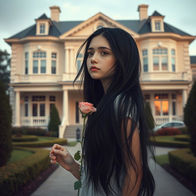 A heartbroken girl with long black hair, holding a delicate rose in her hand, standing in front of her large, beautiful house