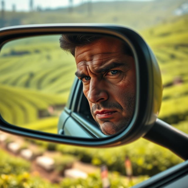 A close-up shot of a man with a serious expression, looking into the side mirror of a car