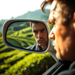 A close-up shot of a man with a serious expression, looking into the side mirror of a car