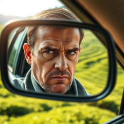 A close-up shot of a man with a serious expression, looking into the side mirror of a car