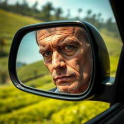 A close-up shot of a man with a serious expression, looking into the side mirror of a car