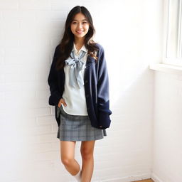 A young beautiful Japanese woman standing in a relaxed pose against a white brick wall