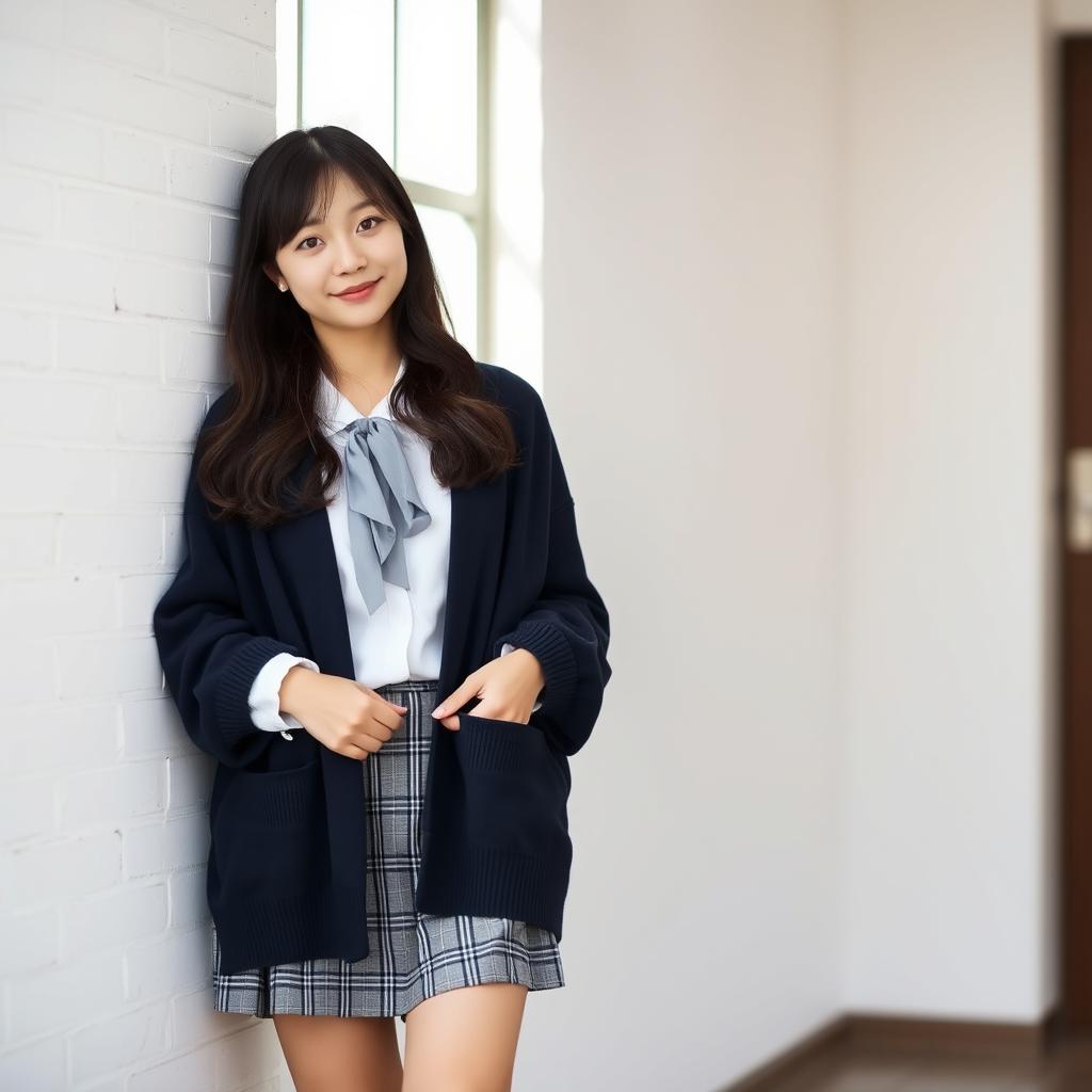 A young beautiful Japanese woman standing in a relaxed pose against a white brick wall