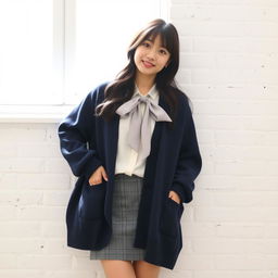 A young beautiful Japanese woman standing in a relaxed pose against a white brick wall