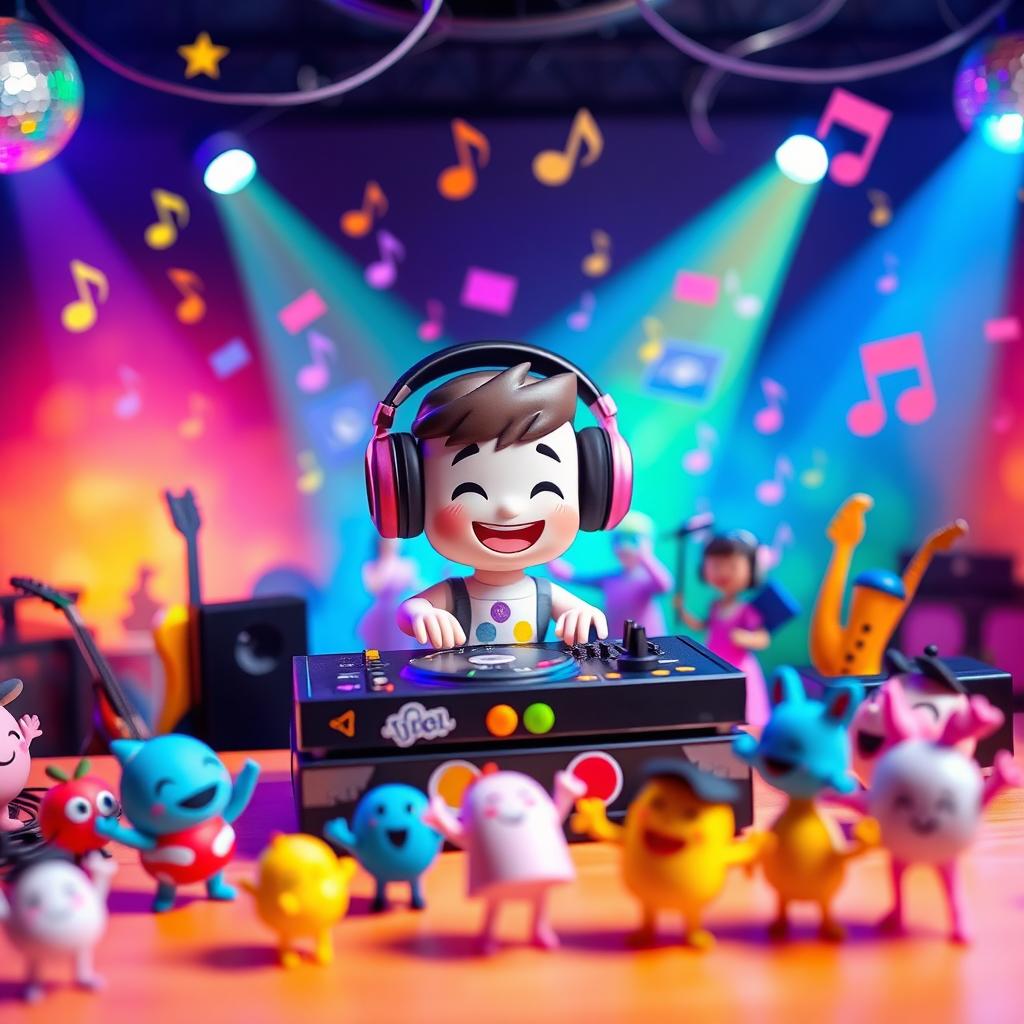 A miniature DJ set up in a vibrant, colorful room filled with disco lights and music notes dancing in the air