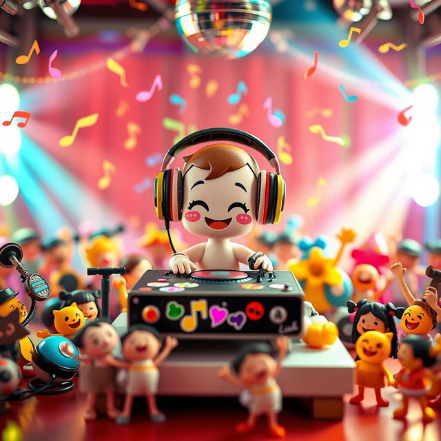 A miniature DJ set up in a vibrant, colorful room filled with disco lights and music notes dancing in the air