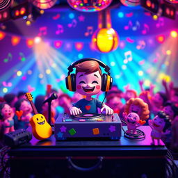 A miniature DJ set up in a vibrant, colorful room filled with disco lights and music notes dancing in the air