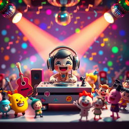 A miniature DJ set up in a vibrant, colorful room filled with disco lights and music notes dancing in the air